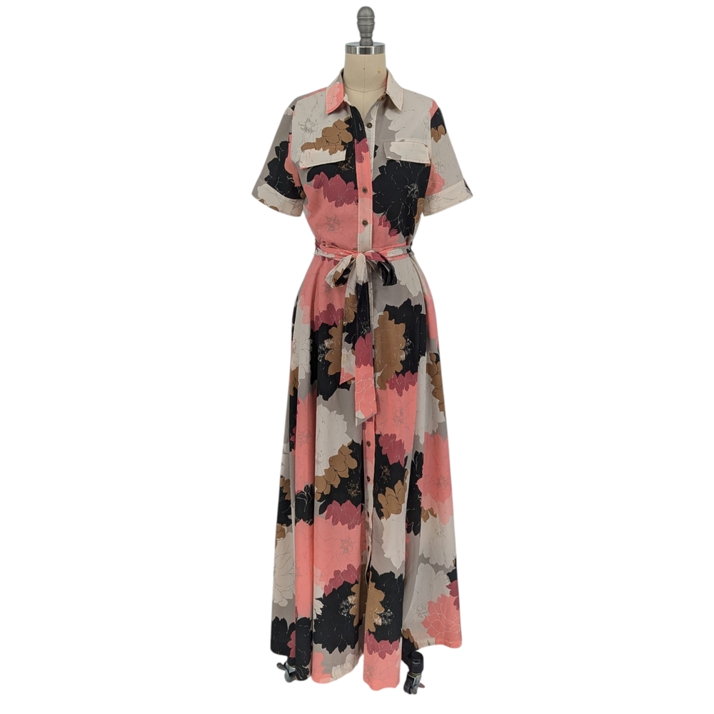 Banana Republic Coral Pink & Black Floral Maxi Shirt Dress